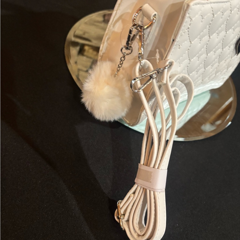 White Quilted Heart-Pattern Handbag with Pom Pom - Picture 3 of 7